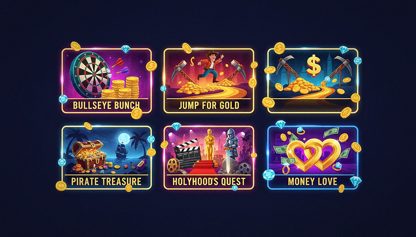 Catalogue de jeux Goldbet Casino : Bullseye Bunch, Jump For Gold, Pirate Treasure, Hollywood Reels, Arthur's Quest, Money Love